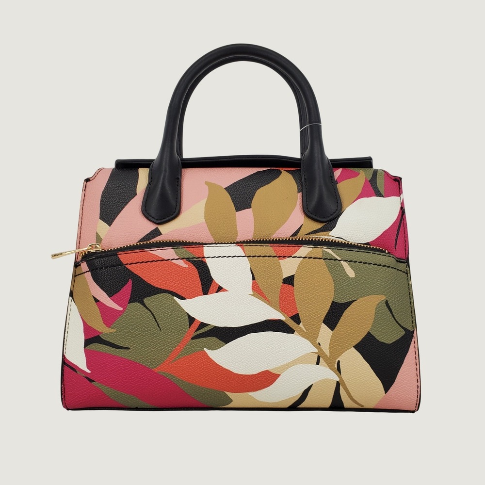 A New Day Women Tropical Leaf Floral Satchel Crossbody Bag Multicolor Gold Tone